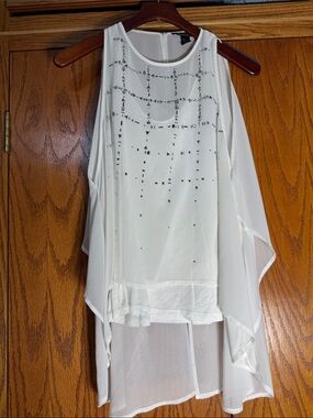 Kenneth Cole White Beaded Chiffon Overlay Top